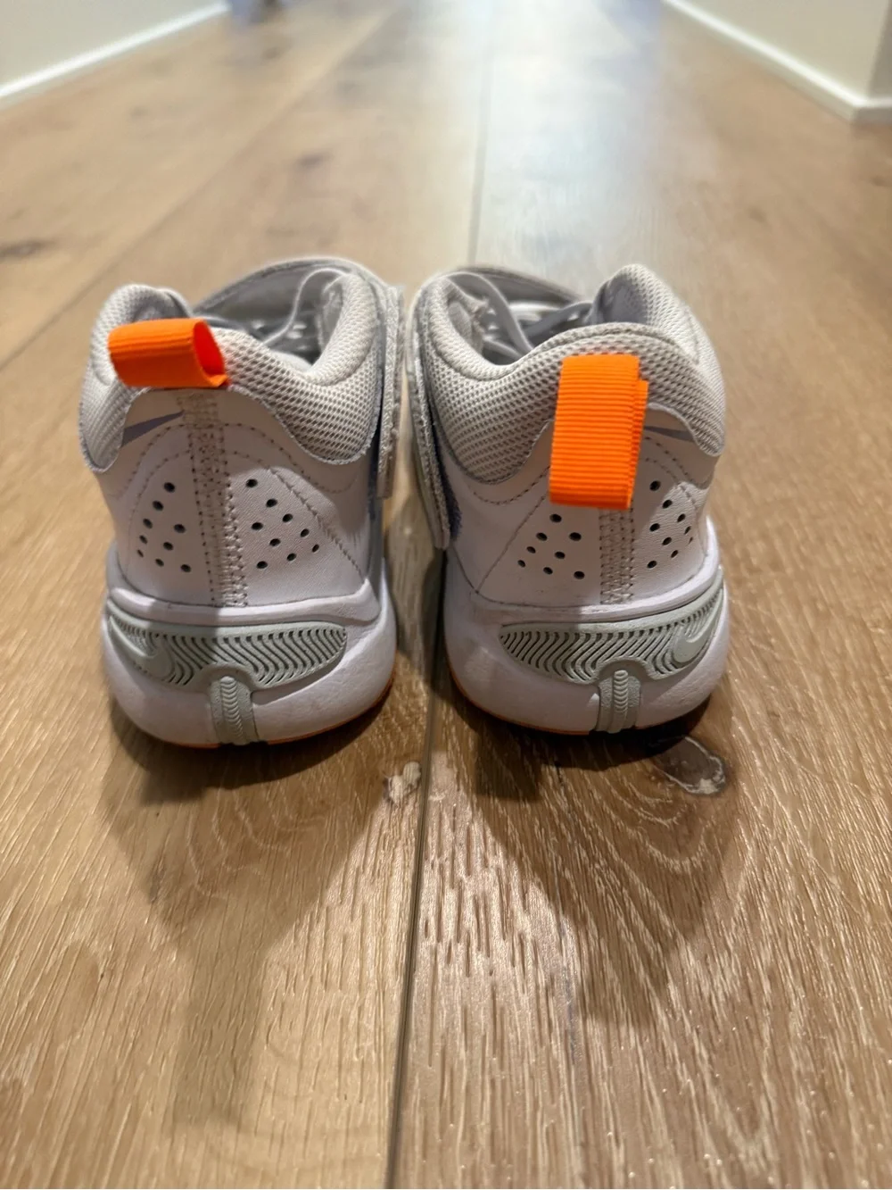 Nike Kids White Sneakers with Orange & Green Swoosh